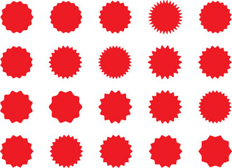 Starburst red sticker set - collection of special offer sale oval and round shaped sunburst labels and badges. Promo stickers and badges with star edges. Vector.