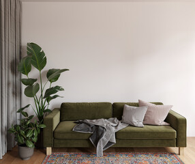 Modern scandinavian interior of living room with design green sofa, armchair, a lot of plants, coffee table, carpet and personal accessories in cozy home decor. Template.