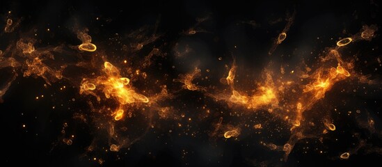 Fiery orange and yellow flames dance and flicker against a stark black background, creating a striking contrast. Random flying fire sparks particles add a dynamic element to the composition. - obrazy, fototapety, plakaty