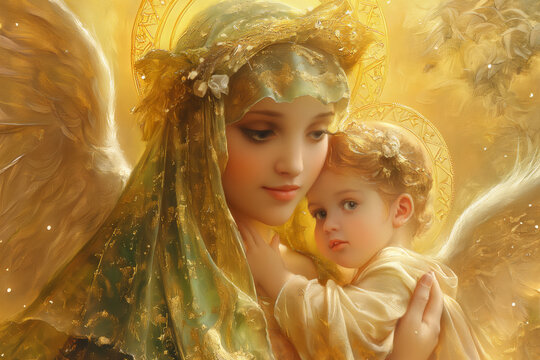 Saint mother with her child angel modern artistic colorful bright artwork, spiritual sacred scene