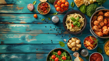 A lots of food such as salad, pasta, vegetable and chicken with pasta and sauce, meat and potatoes on wooden table with old light blue paint, the space table on the left side
