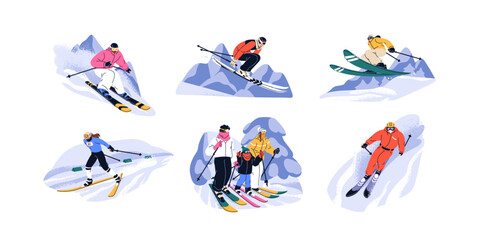 Skiers at ski resort set. People sliding downhill, down slope. Extreme sport, freeride, jumping on snowy winter holiday outside, outdoors. Flat graphic vector illustration isolated on white background