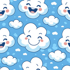Vector illustration, Vibrant of muitple cloud pattern, they are joyful white smiley cloud face with playful expressions, doodle art style, blob-like shapes in a lively, flat art style ,blue background