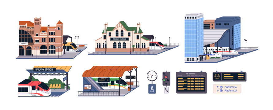 Railway stations set. Train, railroad transport, modern and old terminal building exteriors, arrival platforms, rail road schedule board, clock. Flat vector illustrations isolated on white background