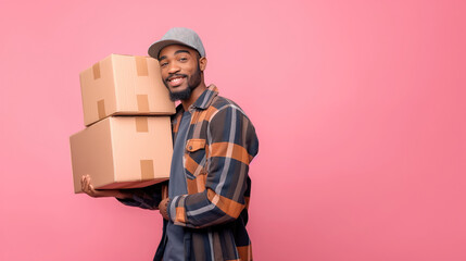 Effortless Move, Young Black Man Carrying Cardboard Boxes on Moving Day, Generative AI
