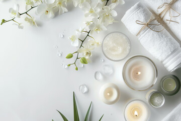 Spa concept white background, candles, tropical white orchids, towels