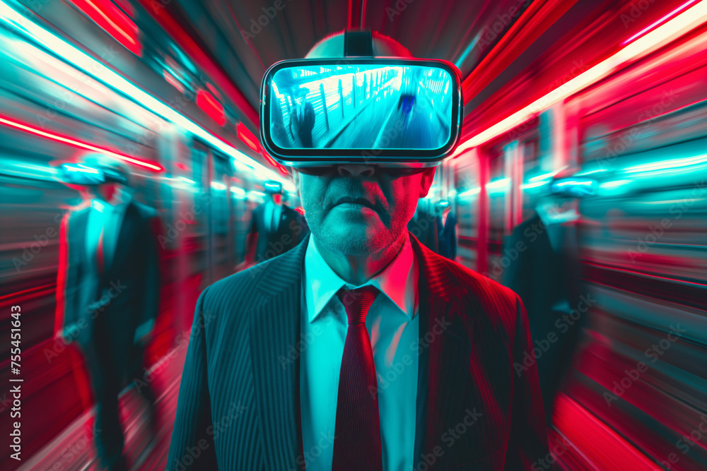 Canvas Prints man using vr glasses spatial computer virtual reality goggles in public transportation, beautiful sc