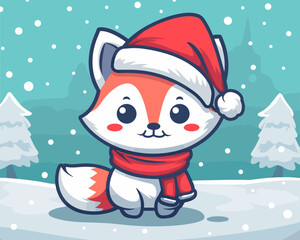 Cute Christmas Fox in Santa Hat and Scarf, Winter Vector Illustration for Tshirt Design, Svg Vector Clipart