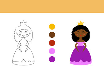 Coloring page for kids vector illustration. Black girl princess doll flat hand drawn clip art. © quietmind_art