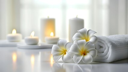 Fototapeta na wymiar Elegant Spa Composition with Plumeria Flowers on Marble and Candles in Soft Focus. Luxurious Spa Ambiance with Plumeria Flowers, Fluffy Towel, and Candles on Marble