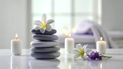 Fototapeta na wymiar Serene Spa Composition with Stacked Stones, Candles, and Lavender on Reflective Surface. Frangipani Flowers. Fresh white Plumeria Flowers.
