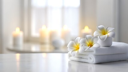 Obraz na płótnie Canvas Elegant Spa Composition with Plumeria Flowers on Marble and Candles in Soft Focus. Luxurious Spa Ambiance with Plumeria Flowers, Fluffy Towel, and Candles on Marble