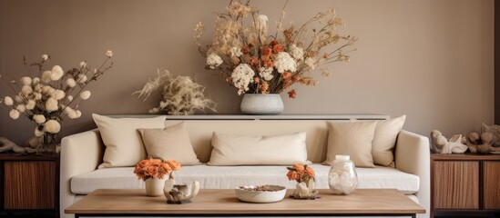 A living room filled with various furniture pieces such as a sofa, coffee table, and armchairs, all surrounded by beautiful dried flower arrangements adorning the walls and tables.