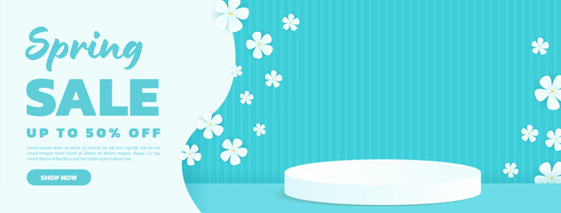 Banner for spring sales promotion. Celebrate spring with promotional banner ads featuring an exclusive podium to showcase your products.
