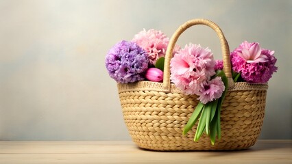 Fototapeta na wymiar Charming Straw Basket Adorned with Vibrant Spring Hyacinth and Tulip Blossoms. Vibrant Seasonal Flowers in a Woven Straw Basket on a Wooden Table