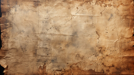 Paper aged parchment paper, showcasing a rich patina with creases, stains - obrazy, fototapety, plakaty