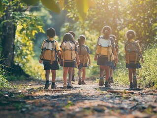 Group of school children with backpacks walking on a sunny forest trail, showcasing adventure and camaraderie