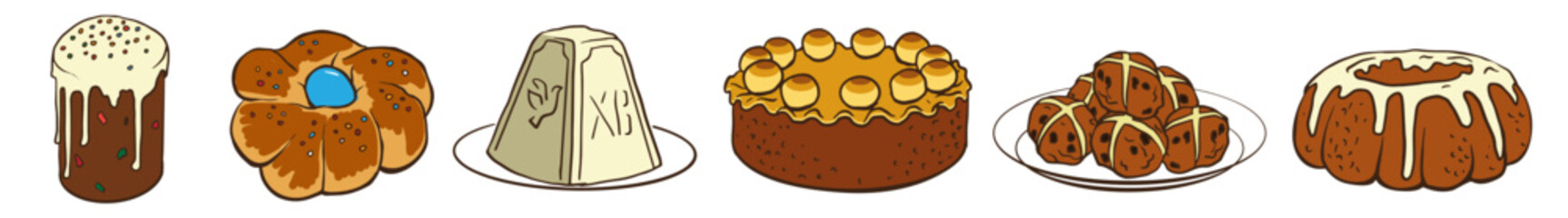 Easter cakes set. Happy Easter day bakery. Vector bread for cookbook, greeting card, poster, invitation, banner, menu design. Hand drawn doodle illustration cross ban, pannetone, Simnel cake