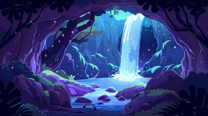 A cascade waterfall in the forest at night can be seen from the cave entrance hole. Cartoon modern dark dusk summer landscape with a stream falling on a rock cliff, inside an enclosed stone grotto.
