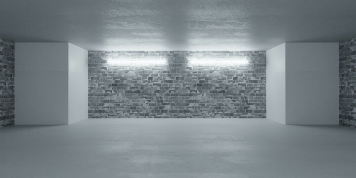 Empty basement room with brick wall and lights 3d render illustration