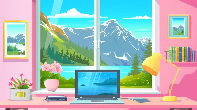 Illustration of a laptop computer on a window with a mountain view, a lamp and a flowerpot on a windowsill, a pink room, picture frames, bookshelves, and a bookcase.