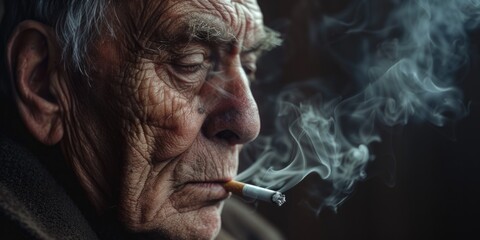 Side view portrait of a senior man with cigarette, World No Tobacco Day Concept, anti smoking, no smoking, lungs health care - obrazy, fototapety, plakaty