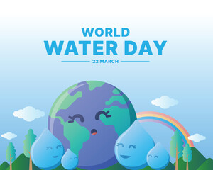 World water day - Cute earth and group of drops water character on floor with tree and rainbow vector design