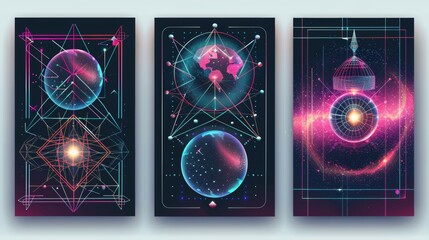 Flyer set of retro futuristic flyers. Modern illustration of y2k vibe posters with wireframe torus shapes and globes, black stars, lines, flower signs, and retrowave aesthetics. - obrazy, fototapety, plakaty