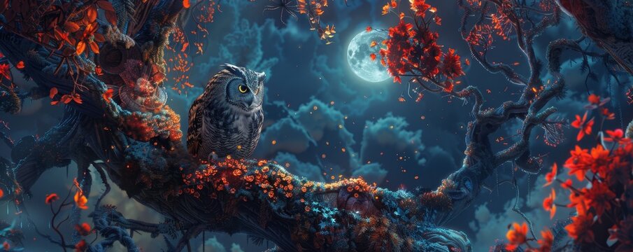 Ornate gothic ouroboros wrapped around the vibrant festivity of moonlit owl nest festivities