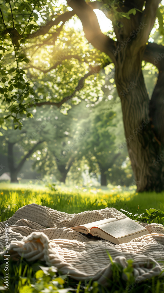 Poster a calming summer image presenting an open book under the trees in the evening light