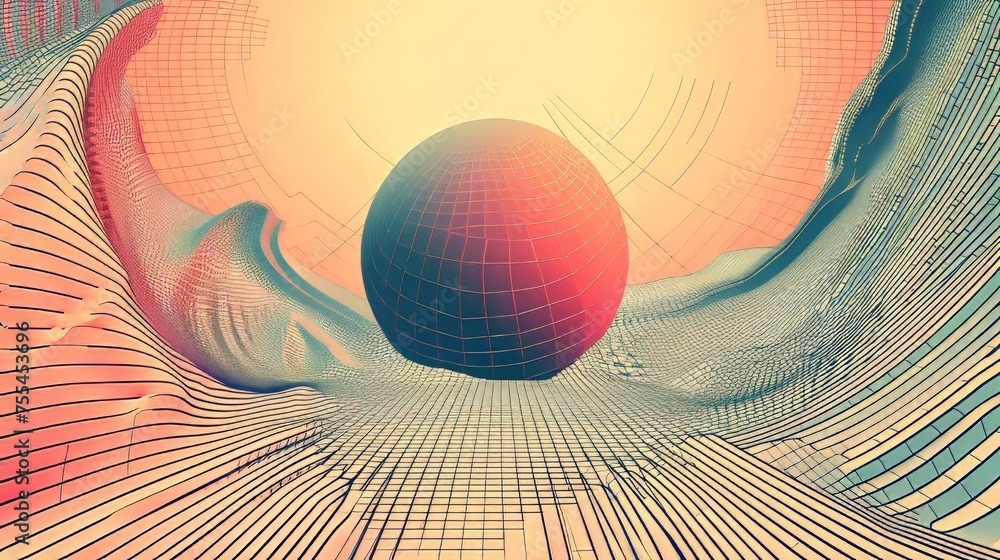Poster Y2K poster design with abstract perspective grid surface and gradient colored sphere. Modern set of retro 2000s aesthetic style banners and covers with wireframe geometry and typography.