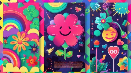 Posters set in Y2K retro style, featuring a flower, smiley, cloud, clover, alien emoji, bomb, heart symbol on geometric color background.