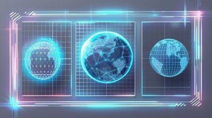 The retrowave aesthetic banner set. Modern realistic illustration of posters with blue wireframe globes, lines, geometric 3D design elements, retro futuristic vibe flyers.