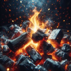 Charcoal blocks burn on a barbecue base
