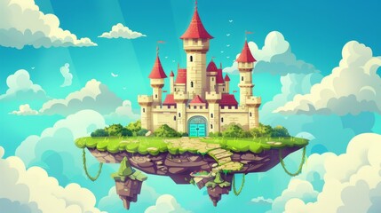 Fantasy island with green grass and path to fairytale palace with gates and towers. Cartoon modern fantasy island with green grass and path to fairytale palace with gates and towers for game UI