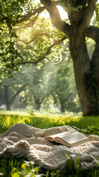 A calming summer image presenting an open book under the trees in the evening light