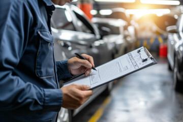 Mechanic with clipboard performing car inspection in workshop