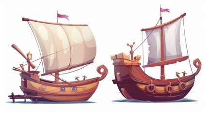 Detailed illustration of a wooden sailing boat with wooden decks, a captain's dock, a mast and canvas sails. Modern illustration of pirate and fishing vintage ships for game UIs or childish book