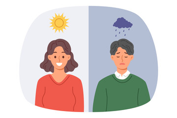 Influence of climate on human mood causes joy in woman during sunny weather or sadness in guy when it rains. People mood and behavior change after change of season and increase in production cartisol