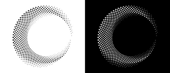 Modern abstract background. Halftone dots in circle form. Spiral logo, icon or design element. Black dots on a white background and white dots on the black side. - 755453834