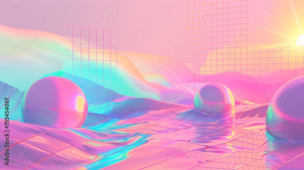 Poster Retro poster or cover template with fluid color gradient background and abstract grid shape elements. Modern set of banner template in pastel iridescent colors.