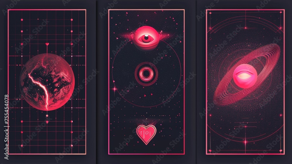 Wall mural This retro futuristic aesthetic flyer set features wireframe torus, red heart, eye symbols, retrowave art banners, and vintage collage graphics with a black background. - Wall murals