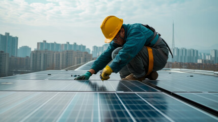 Skilled Worker Installing Solar Panels on Building Rooftop
