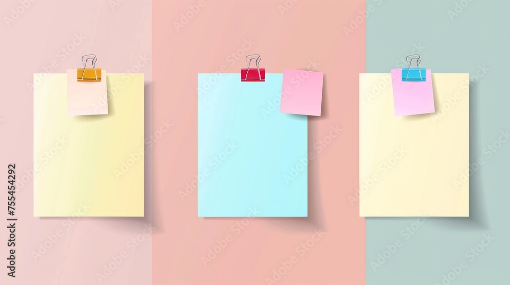 Poster isolated set of paper notes. modern realistic illustration of a notepad page attached to a board or 
