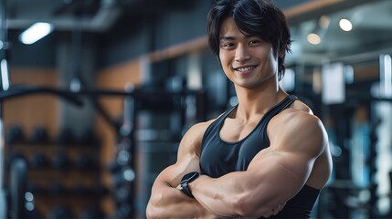 Fototapeta na wymiar Japanese Male Personal Trainer Smiling with Gym Background