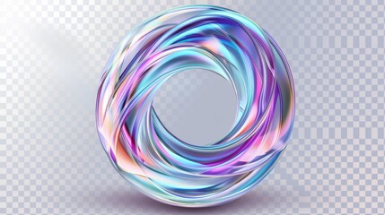 Detailed modern illustration of plastic or acrylic twisted circle with glossy clear iridescent color surface, liquid substance.