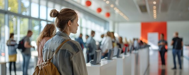 Queue of people in a conference registration area . Concept Conference Registration Area, Queuing System, Line Management, Event Check-In, Crowd Control
