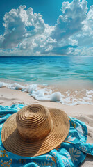 Fototapeta na wymiar A soothing summer image showcasing a sandy beach with plaid and hat 