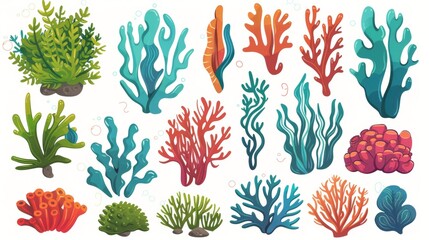 Various aquatic colorful marine algae and oceania sponges. Natural seabed flora under water. Illustration set of seaweed and coral cartoons. - obrazy, fototapety, plakaty