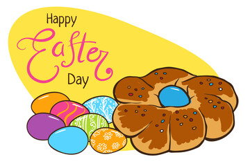 Happy Easter day greeting card template. Traditional Easter bread for cookbook, greeting card, poster, invitation, banner, menu design. Eggs, easter cake. Hand drawn doodle illustration